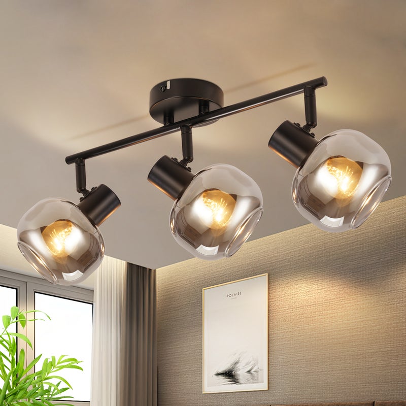 HAWUE Lampa sufitowa do salonu 350° obrotowa, przydymiona szara szklana lampa retro do korytarza do kuchni