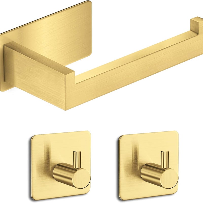 Samoprzylepny uchwyt na papier toaletowy z 2 haczykami na ręczniki, bez wiercenia, do łazienki, kuchni, stal nierdzewna SUS304, złoty