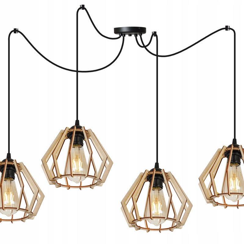 Lampa sufitowa wisząca modern Spider Timber 4xE27 klosz drewniany diament beżowy Light Home LH