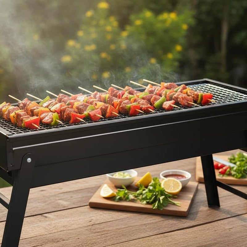 Grill węglowy wykonany ze stali nierdzewnej, składany i przenośny, idealny na kemping i do aktywności na świeżym powietrzu.