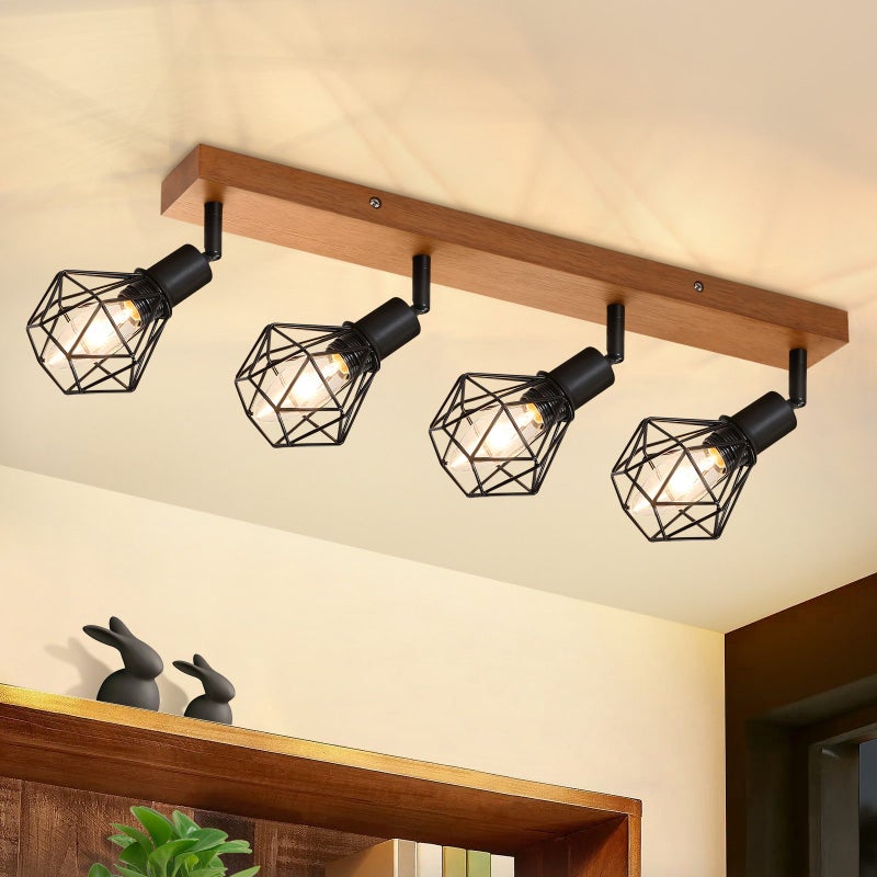 HAWUE Retro Metalowe Drewniane Reflektorki Sufitowe z Czarnymi Interfejsami E14 350° Regulowana Lampa Sufitowa Maksymalna Moc 25 W