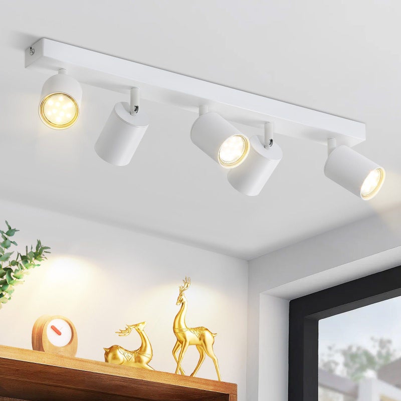 HAWUE Biała lampa sufitowa LED 5 reflektorów GU10 obrotowych 330° Nowoczesny styl industrialny do salonu sypialni kuchni bez żarówek