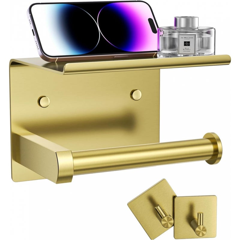 Uchwyt ścienny na papier toaletowy z półkami i wieszakami na ręczniki, wykonany ze stali nierdzewnej (szczotkowane złoto)