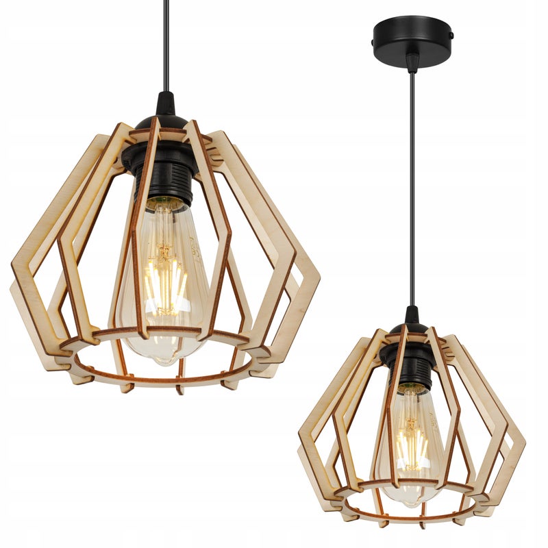 Lampa sufitowa wisząca modern Timber 1xE27 klosz drewniany diament beżowy Light Home LH
