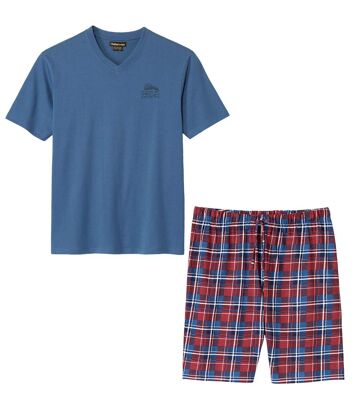 Bawełniana piżama w kratę z szortami Mężczyzna Atlas For Men - Kolor : Niebieski - Rozmiar : 4XL