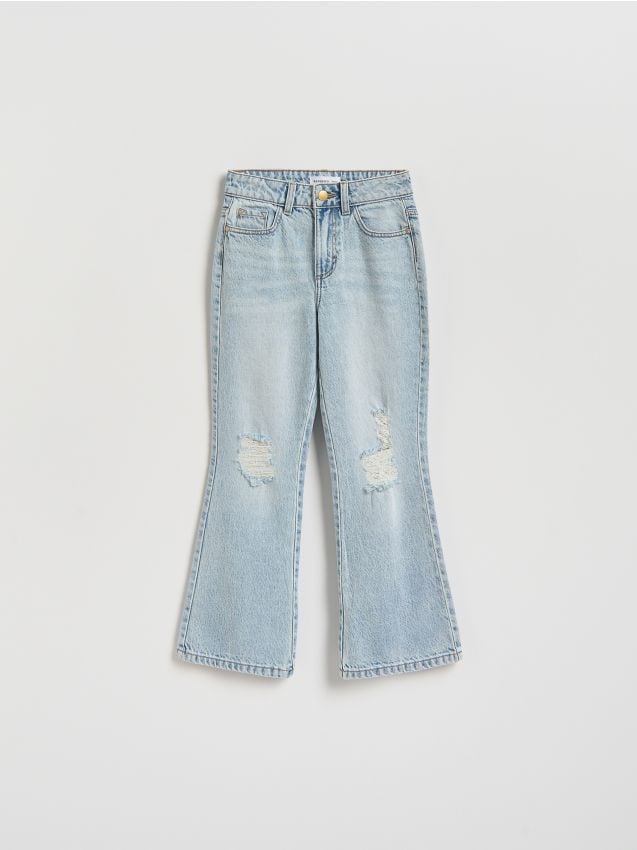 Reserved - Jeansy bootcut z przetarciami - niebieski