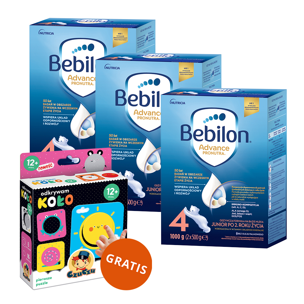Zestaw Bebilon Advance Pronutra 4 Junior, odżywcza formuła na bazie mleka, po 2 roku, 3 x 1000 g + CzuCzu Odkrywam koło, układanka dla dzieci, od 12 miesiąca, 16 elementów gratis