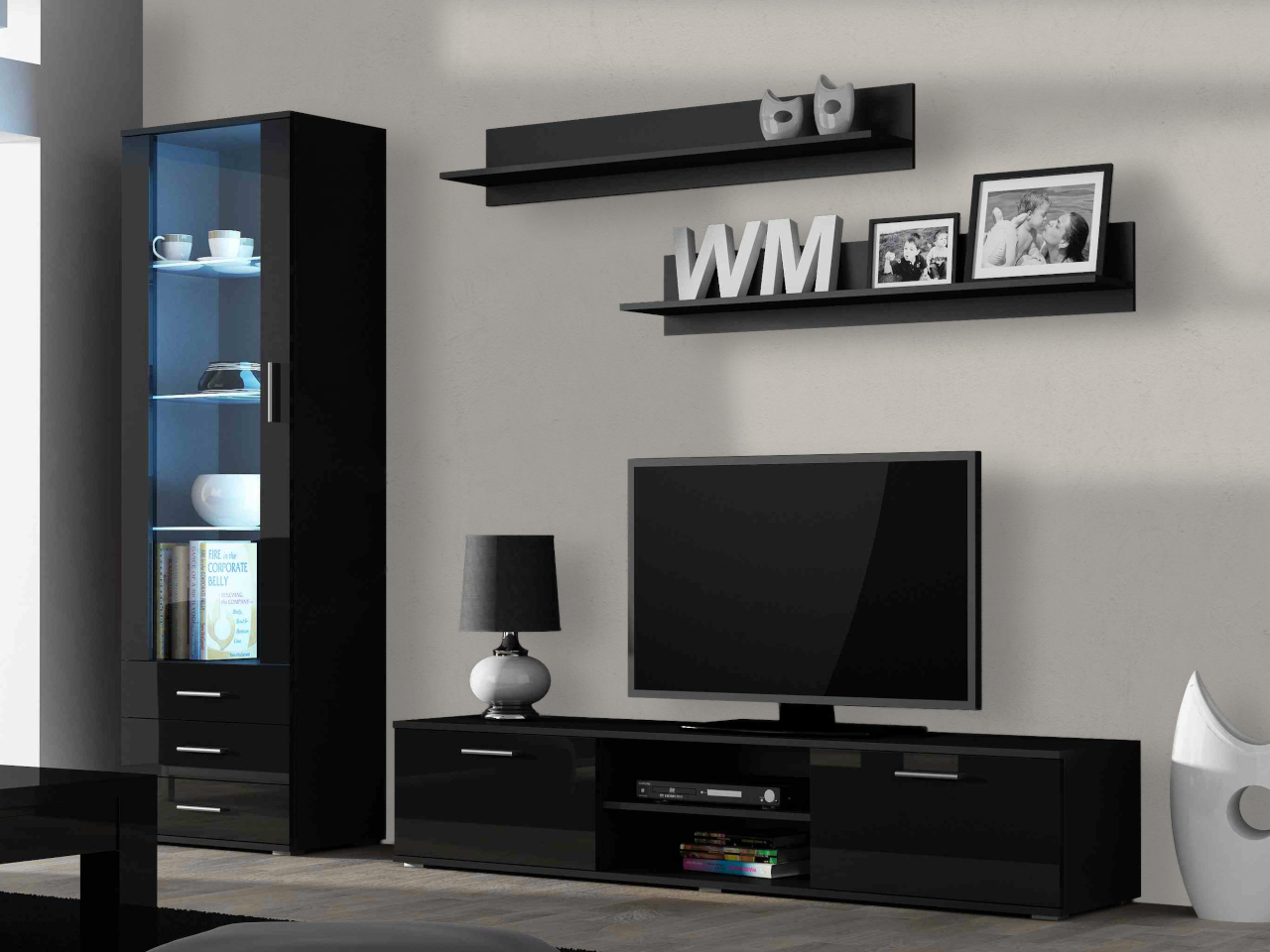 Meblościanka SINDI 1D czarny / czarny połysk