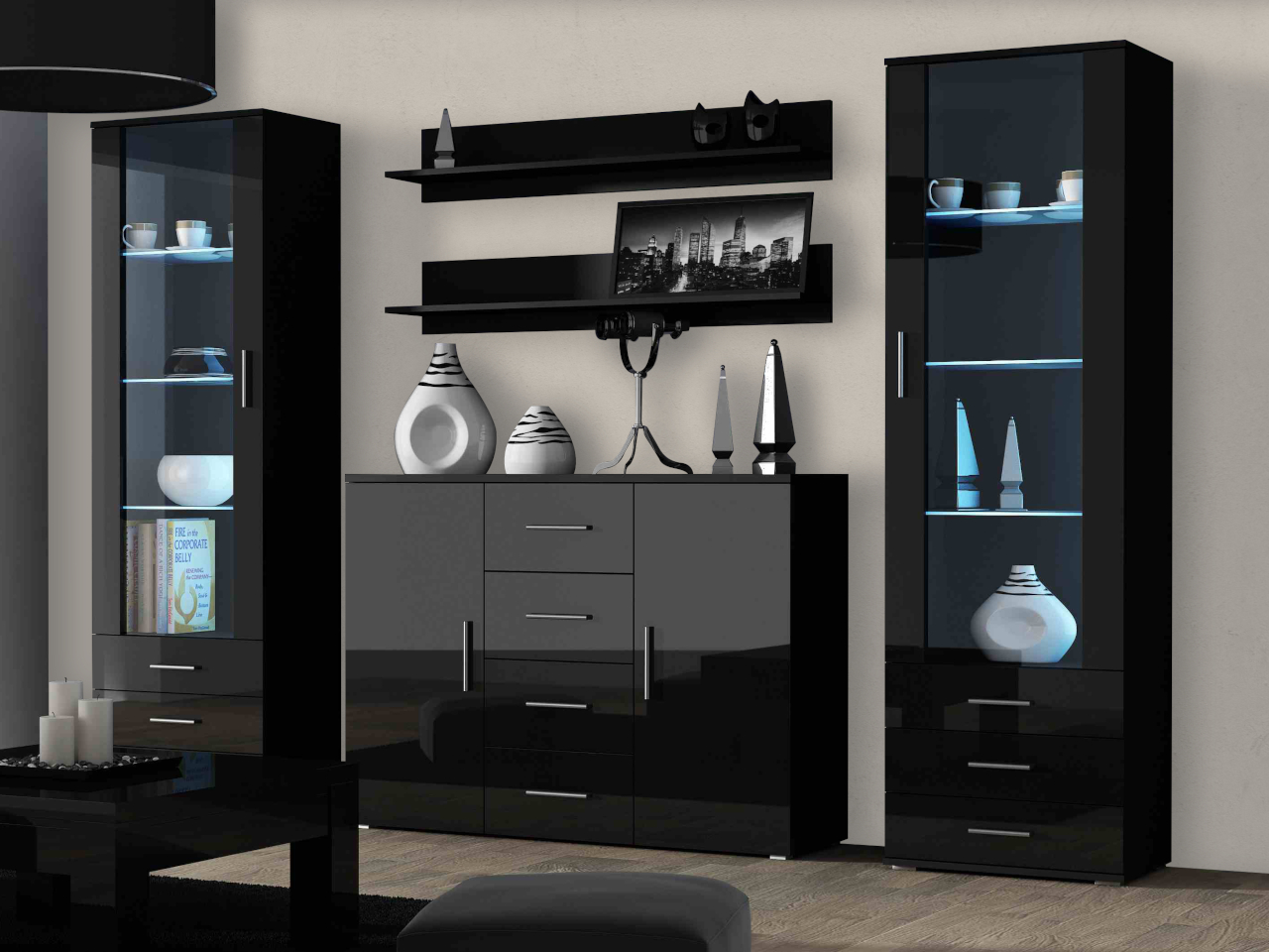 Meblościanka SINDI 3D czarny / czarny połysk