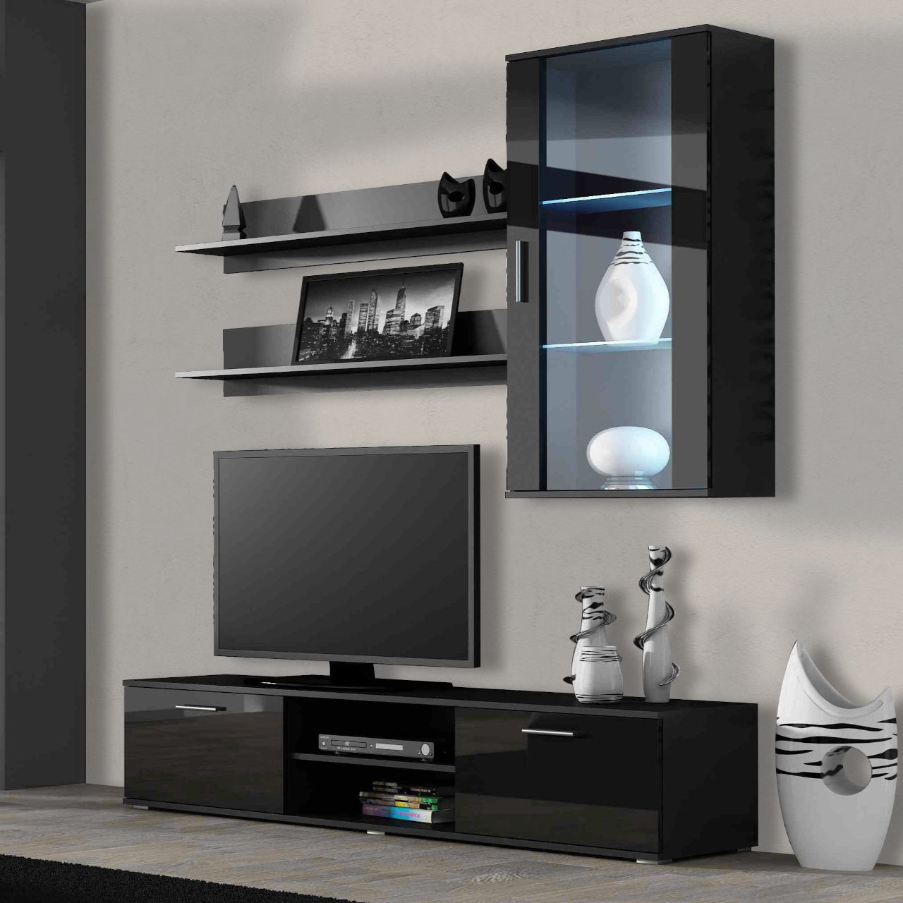 Meblościanka SINDI 5D czarny / czarny połysk