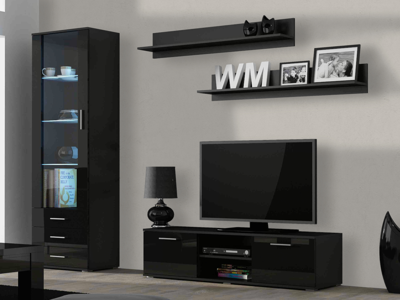 Meblościanka SINDI 7D czarny / czarny połysk