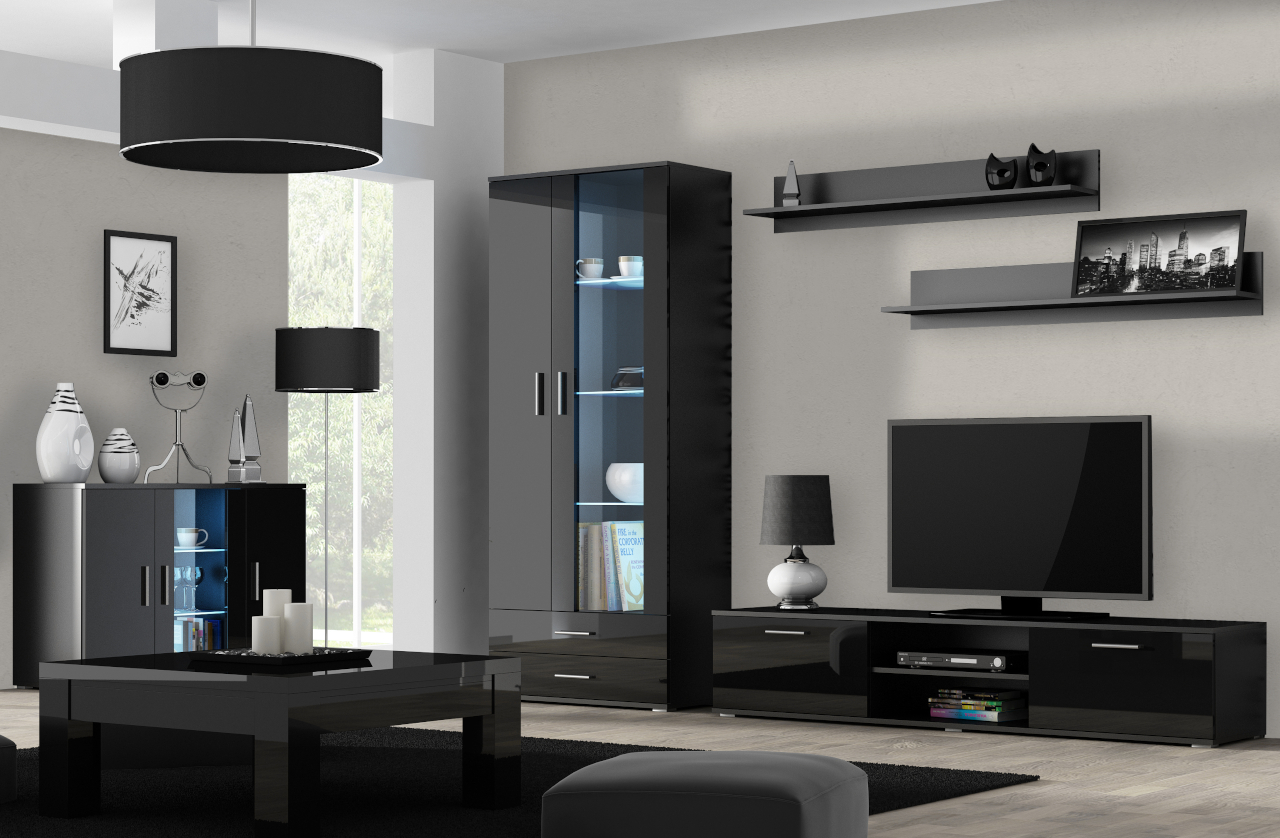 Meblościanka SINDI 9D czarny / czarny połysk