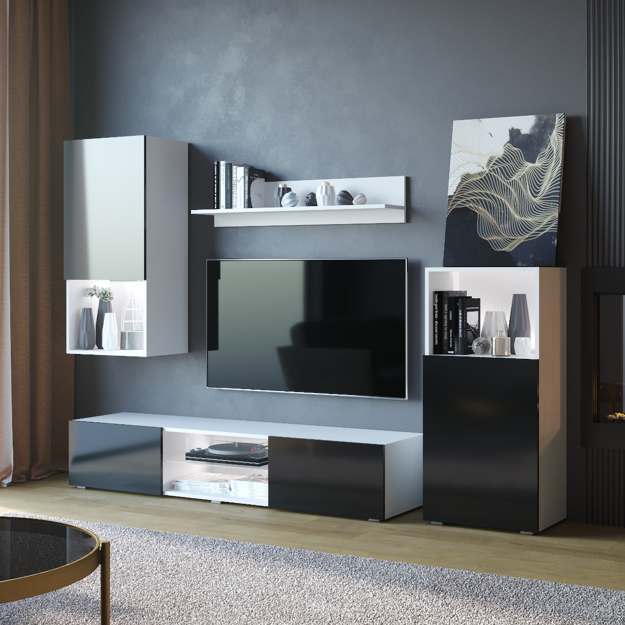 Meblościanka LOFT biały / czarny połysk