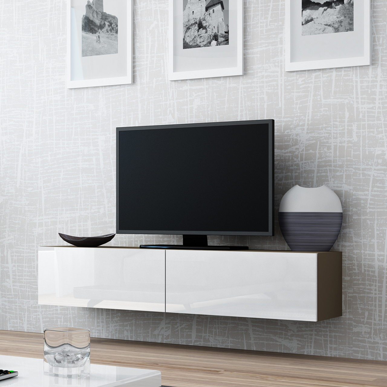 Komoda RTV 140 GOVI VG4 latte / biały połysk WYPRZEDAŻ