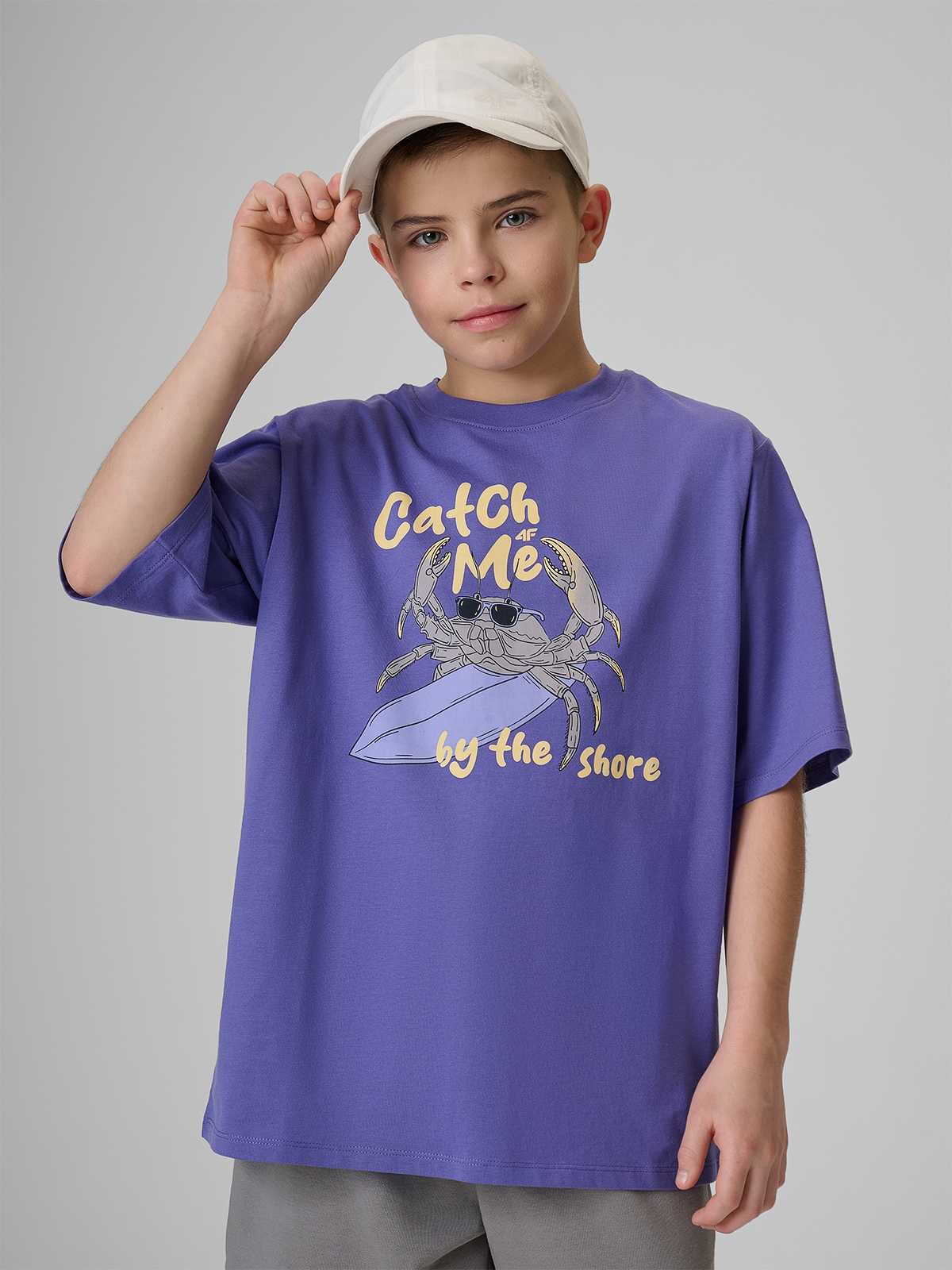 4F T-shirt loose z nadrukiem chłopięcy - fioletowy 158/164 (12-14 lat)