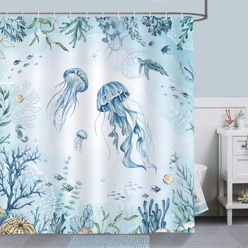 Zasłona prysznicowa 180 x 180 cm, styl oceaniczny z meduzami, marynistyczny - wodoodporny, odporny na pleśń, z poliestru, z 12 haczykami