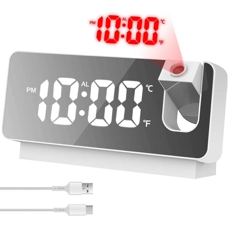 Cyfrowy lustrzany budzik z projektorem i wyświetlaczem temperatury, duży ekran LED, funkcja USB, biała obudowa i białe światło
