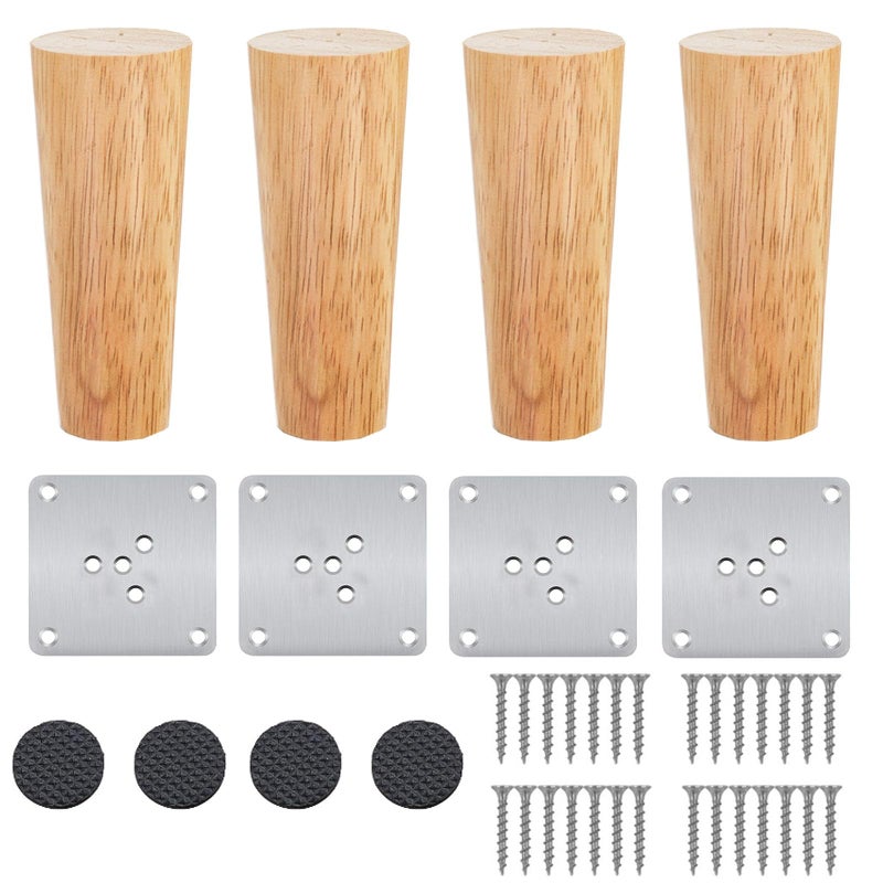 Zestaw 4 drewnianych nóżek meblowych, naturalne drewniane nóżki stołowe dębowe okrągłe ze śrubami do mebli DIY, sof, foteli (10 cm)