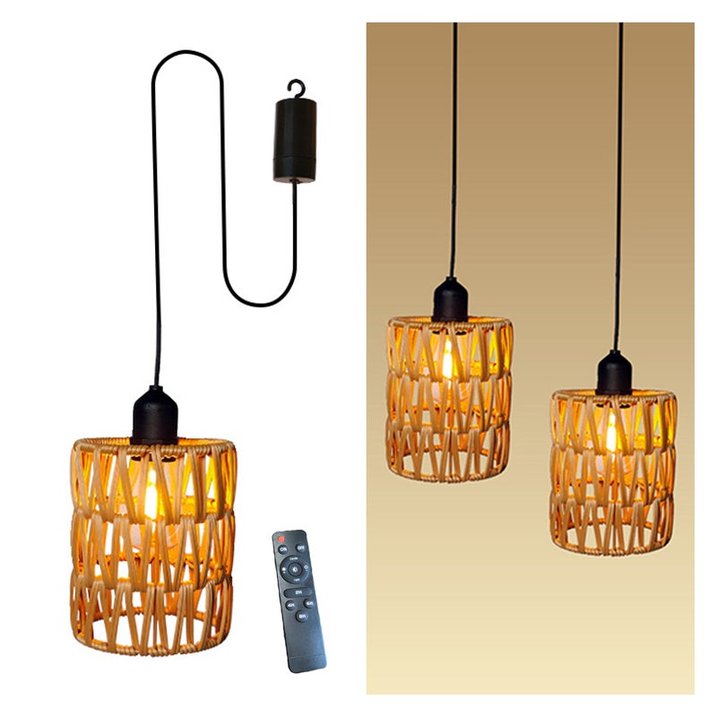 1 szt. ściemnianego żyrandola z pilotem, rattanowy żyrandol dekoracyjny z żarówką, lampa wisząca na baterie