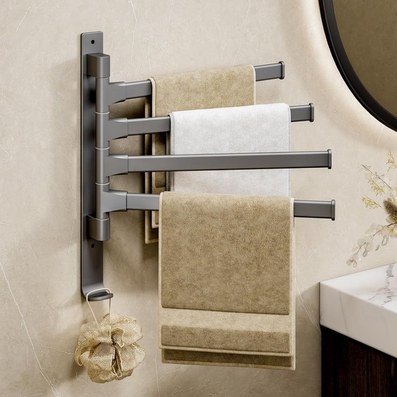 Obrotowy, ścienny wieszak na ręczniki do łazienki, ze składanym drążkiem, montaż bez wiercenia i gwoździ, 4 ramiona po 32 cm, szary