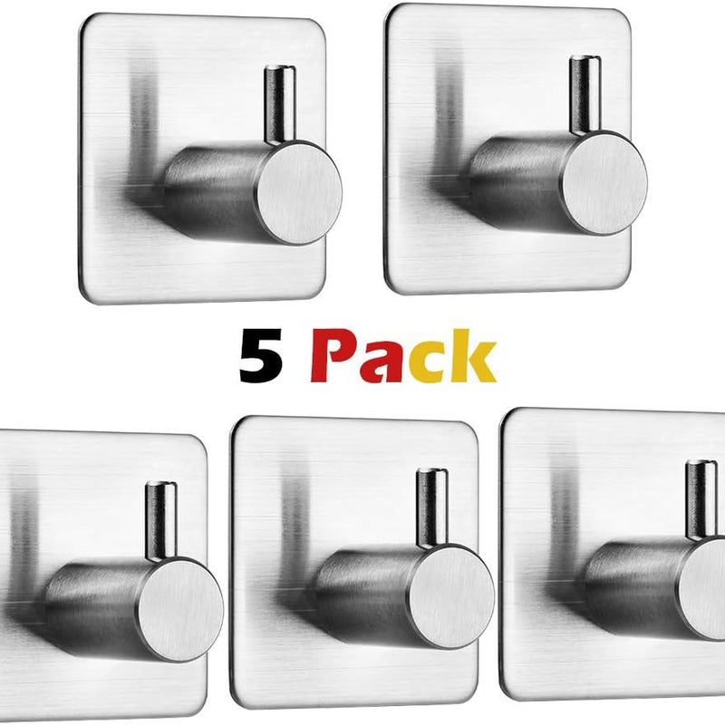 Haczyki na ręczniki, 5 sztuk, wieszak na ręczniki, haczyk ścienny, haczyk samoprzylepny, naklejka, ze stali nierdzewnej, bez wiercenia, nierdzewny