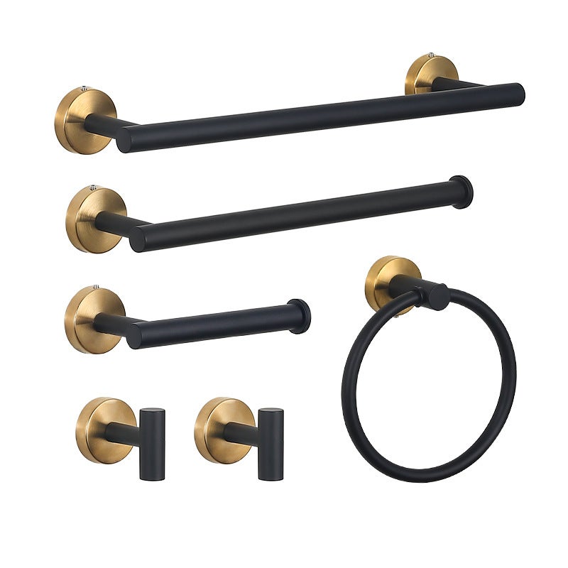 Zestaw 6 akcesoriów łazienkowych – wieszak na ręczniki, uchwyt na papier toaletowy, haczyki, szczotkowana złota/matowa czarna stal nierdzewna