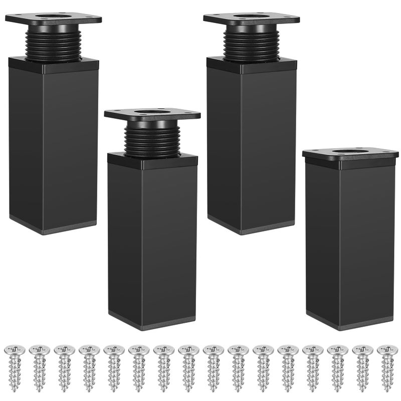 Zestaw 4 nóżek meblowych z regulacją wysokości - Kształt kwadratowy - Wykonane ze stopu aluminium - 40 x 120 mm - Czarne