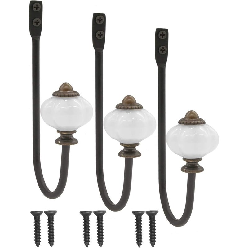 Haczyk na kapelusze, żelazny hak z ceramiczną główką i mosiężną koroną - styl vintage, rustykalny - zestaw 3 szt.