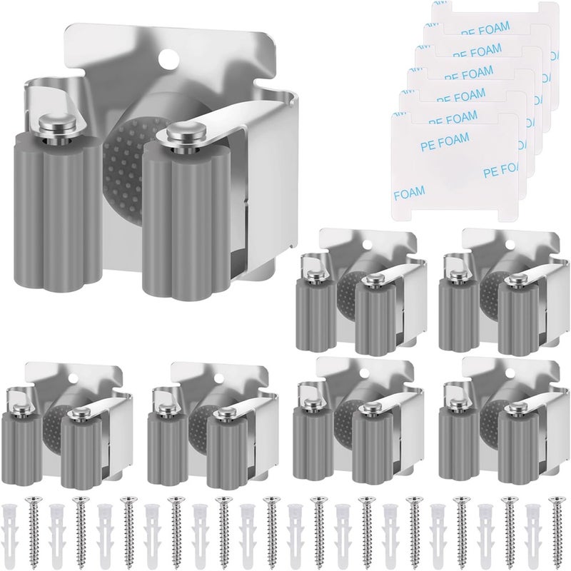 Zestaw 6 wytrzymałych, samoprzylepnych uchwytów na mopa i miotłę ze stali nierdzewnej, montowanych na ścianie, do łazienki/kuchni (szary)