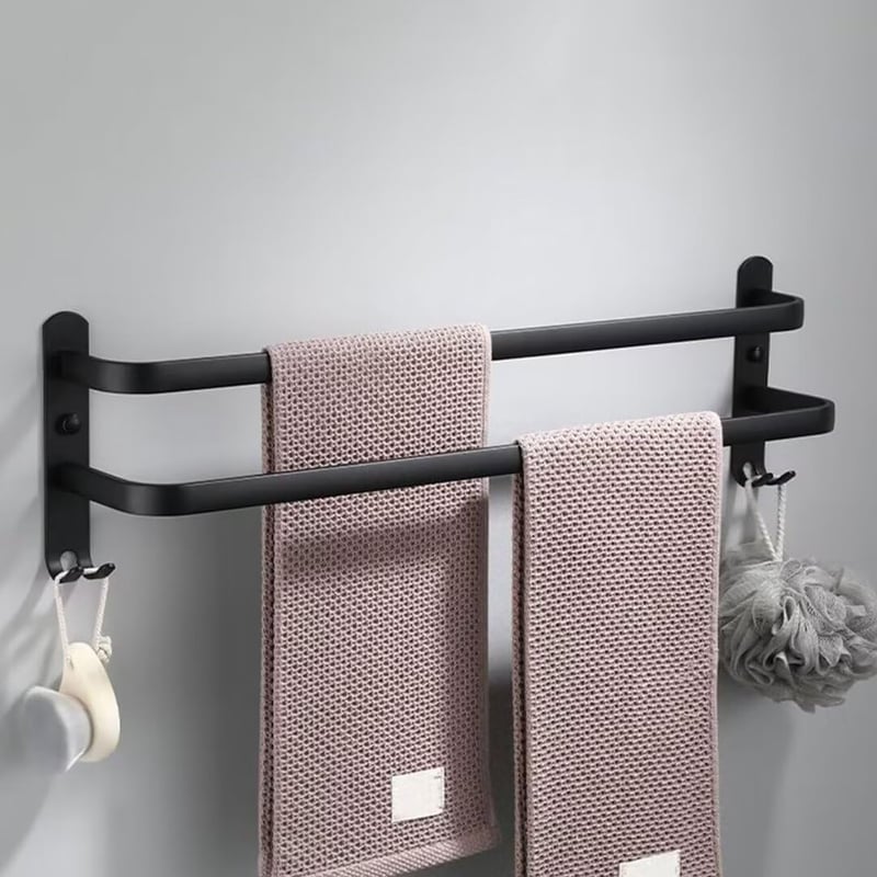 Wieszak na ręczniki ścienny z aluminium - 2 poziomy - z hakami - 60 cm - Wodoodporny - Czarny