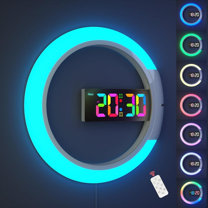 Cyfrowy Zegar Ścienny LED Duży Ekran, Okrągły Zegar Ścienny 12-calowy z Pilotem RGB Nocna Lampka Temperatura Elektryczne Zegary Ścienne