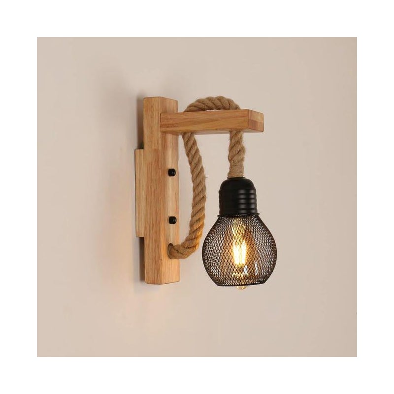 Industrialny kinkiet w stylu vintage rustykalna lampa ścienna z drewna retro klosz kształcie czarnej metalowej klatki kinkiet wewnętrzny bez żarówek