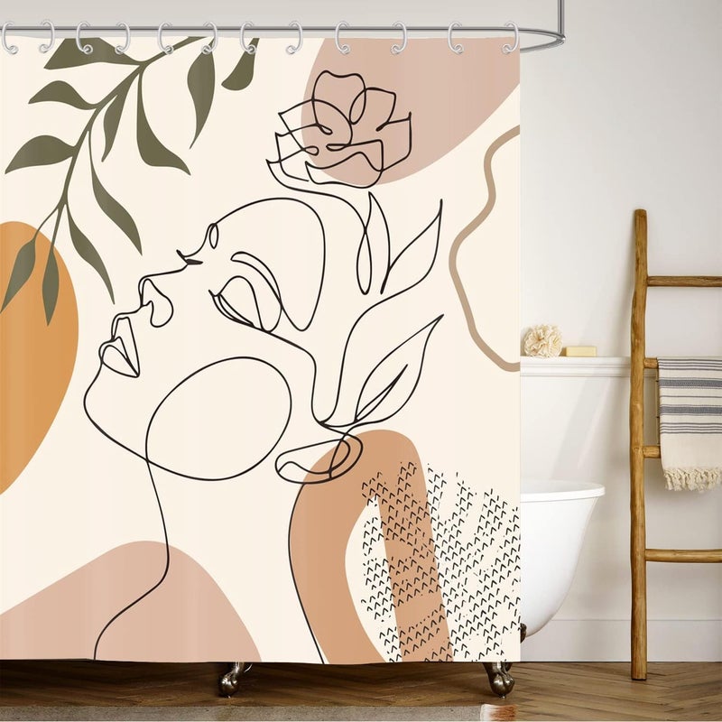 90x180 cm, Nowoczesne Abstrakcyjne Art Boho Twarz Beżowy Zmywalny Wodoodporny Zasłona Prysznicowa z Tkaniny do Łazienki