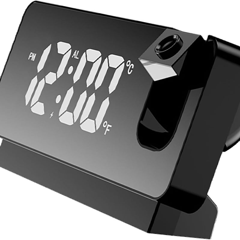 Cyfrowy budzik lustrzany z projekcją i wyświetlaniem temperatury, duży ekran LED, funkcja USB, czarna obudowa i białe światło.