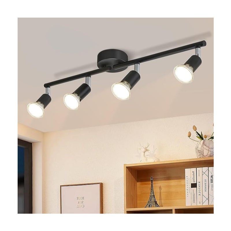 Spot Sufitowy LED 4 Żarówki - Nowoczesny Plafon LED, Obrotowy, Ciepłe Światło - czarny