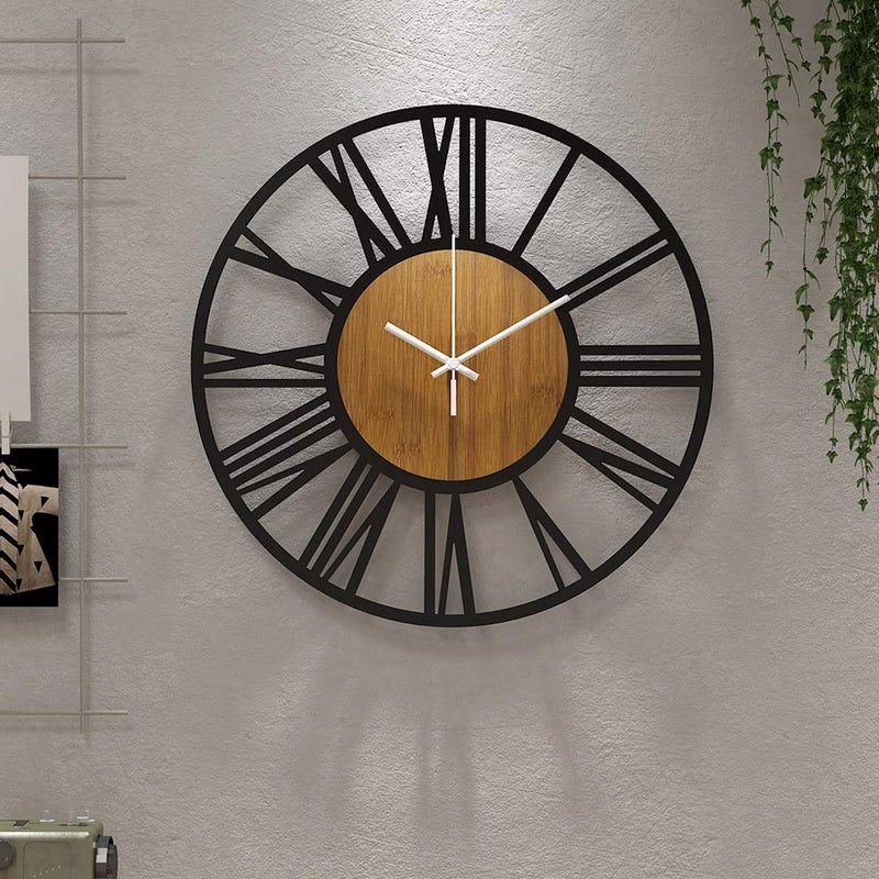 Duża okrągła czarna drewniana zegar ścienny do dekoracji salonu, retro liczby rzymskie, cicha, nie tyka, odpowiednia na - 34 cm