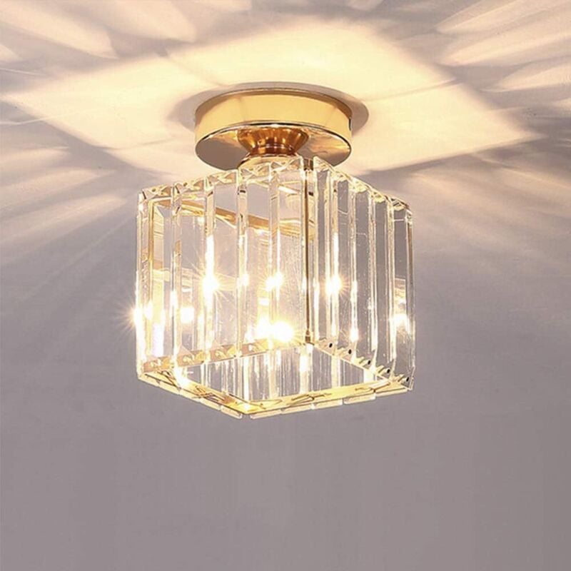 Nowoczesny plafon z kryształowym i metalowym abażurem, wisząca lampa LED E27, kwadratowa lampa sufitowa, złota