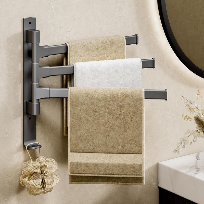 Ścienny, obrotowy wieszak na ręczniki do łazienki, ze składanym drążkiem, montaż bez wiercenia i gwoździ, 3 ramiona po 32 cm, szary