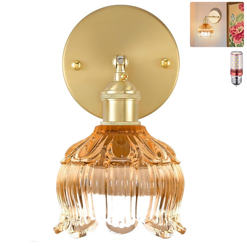 Kinkiet z żarówką, lampka nocna w stylu vintage, kinkiet do lustra łazienkowego, kinkiet kwiatowy z abażurem ze szkła