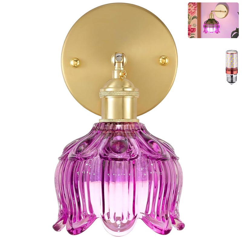 Kinkiet z żarówką, lampka nocna w stylu vintage, kinkiet do lustra łazienkowego, kinkiet kwiatowy z abażurem ze szkła