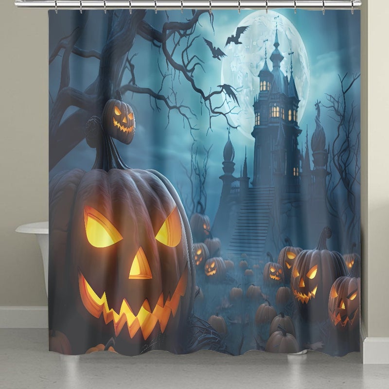 Zasłona prysznicowa na Halloween, zamek grozy, nietoperze, zła dynia, zasłony prysznicowe do dekoracji na Halloween, 180 x 200 cm