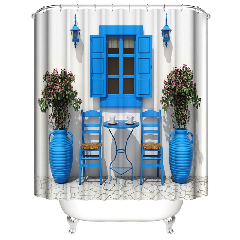 Granatowy i biały 180 x 180 cm, dekoracyjna zasłona prysznicowa podróż tradycyjny grecki design wakacje letni dom kwiaty okno tkanina dekoracyjna sal
