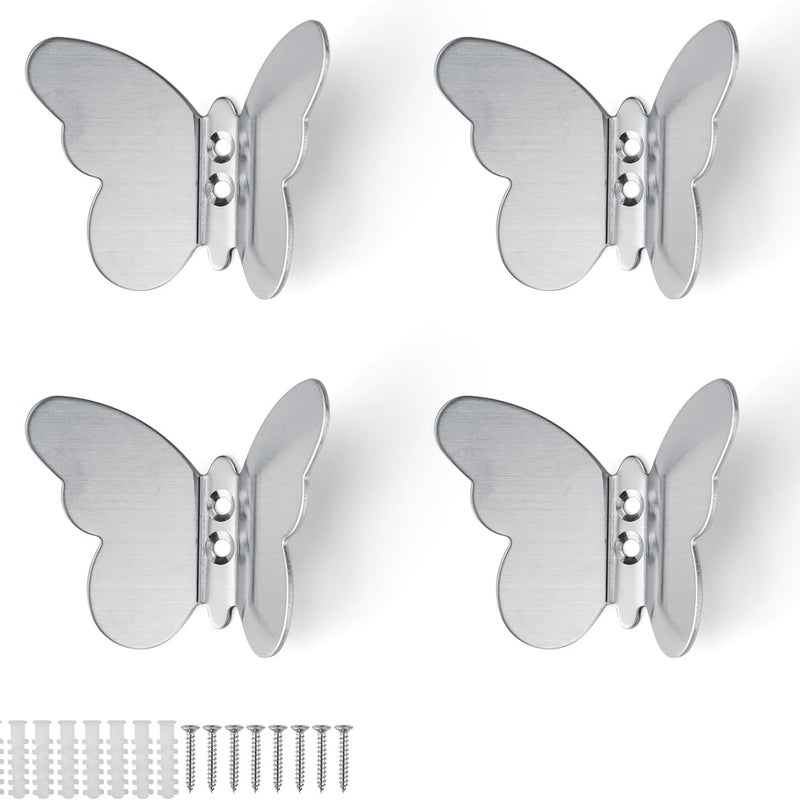 Srebrne haki ścienne, 4 sztuki nowoczesnych haczyków ściennych, kreatywne wieszaki na ubrania w kształcie motyli, metalowe haczyki do dekoracji i prz