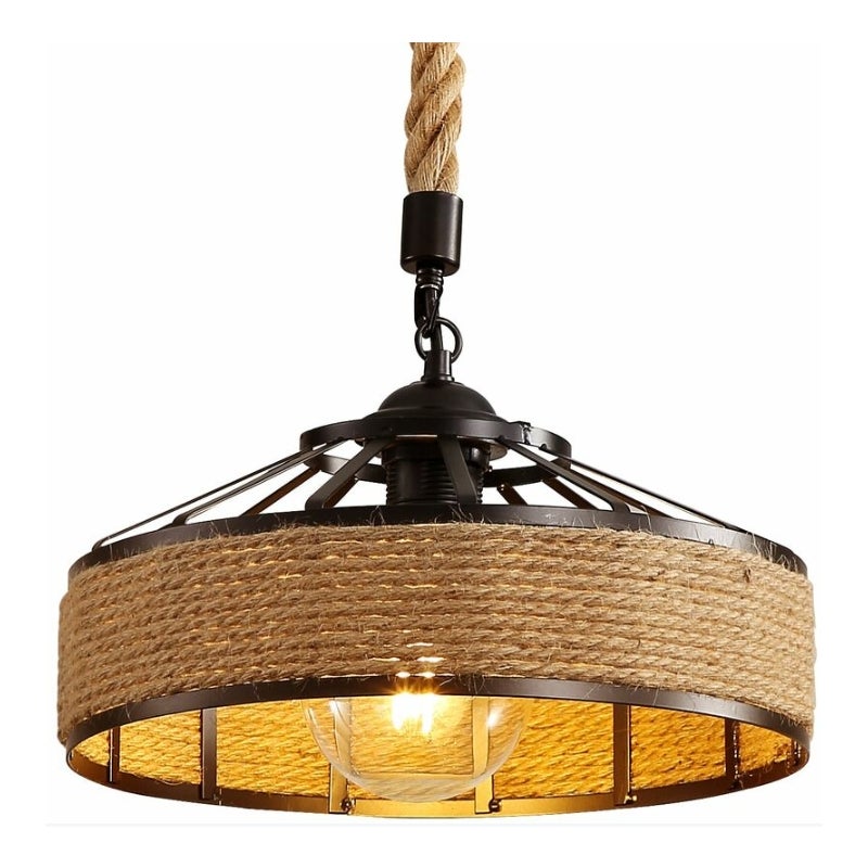 Lampa Wisząca z Liny Jutowej, Retro Lampa Wisząca z Metalowym Kloszem w Kolorze Czarnym, Żyrandol w Stylu Country, Lampa Sufitowa do Korytarza E27 z O