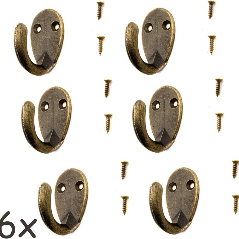 Zestaw 6 zabytkowych haczyków na płaszcze, wieszaków na ręczniki, mosiężnych żelaznych haczyków w kolorze brązu, styl rustykalny, retro, owalny