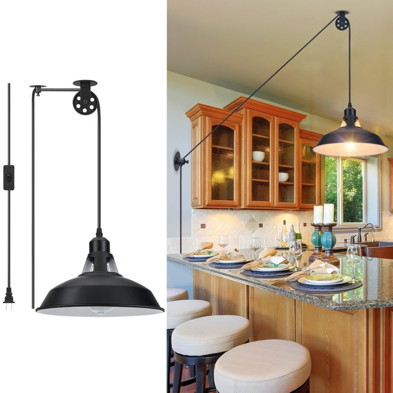 Lampa wisząca wtykowa 1 szt., czarny żyrandol w stylu vintage, bez żarówki, kabel o długości 4,5 metra, odpowiedni do kuchni, sypialni i salonu