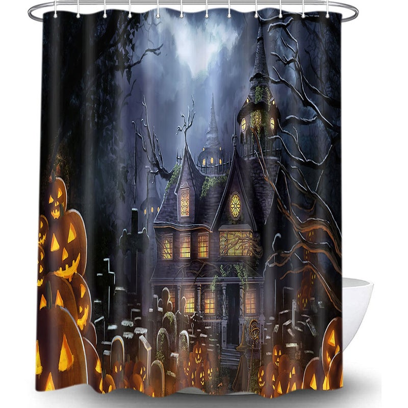 Halloweenowa zasłona prysznicowa, zamek, nietoperz, złowroga dynia, zasłony prysznicowe do dekoracji na Halloween, 180 x 200 cm