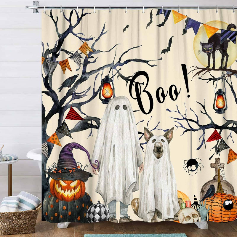 Zasłona prysznicowa z motywem Halloween do dekoracji łazienki z haczykami, straszna dekoracja łazienki z dynią na Halloween, 180*180 cm