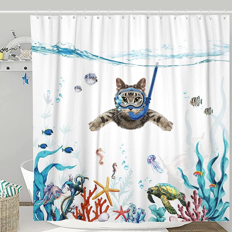 Zasłona Prysznicowa 180 x 180 cm Nurkujący Kot Ocean Nadruk Wodoodporna Zasłona do Wanny Zmywalna Przeciw Tkanina Poliestrowa Szybkoschnąca