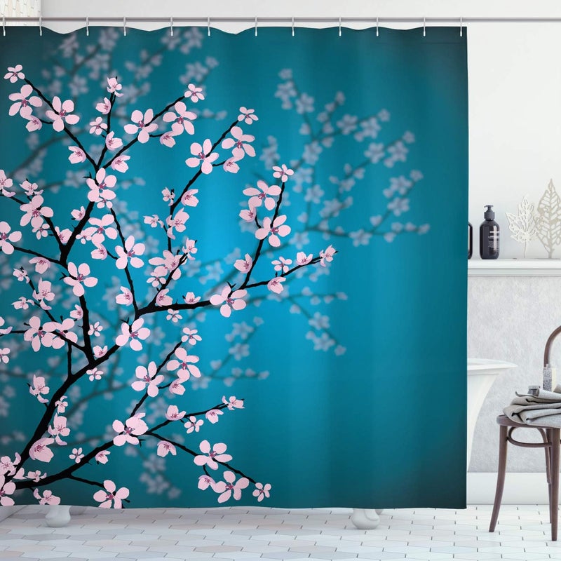 Japońska zasłona prysznicowa, wzór Sakura Bloom, zestaw dekoracyjny do łazienki z tkaniny z haczykami, 180 cm x 180 cm, jasnoniebieski róż